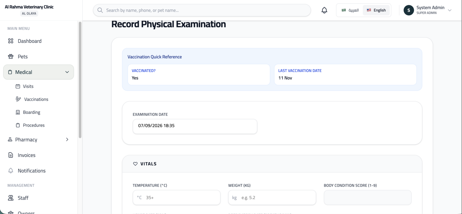 Physical examination — vitals, body systems, diagnosis and recommendations