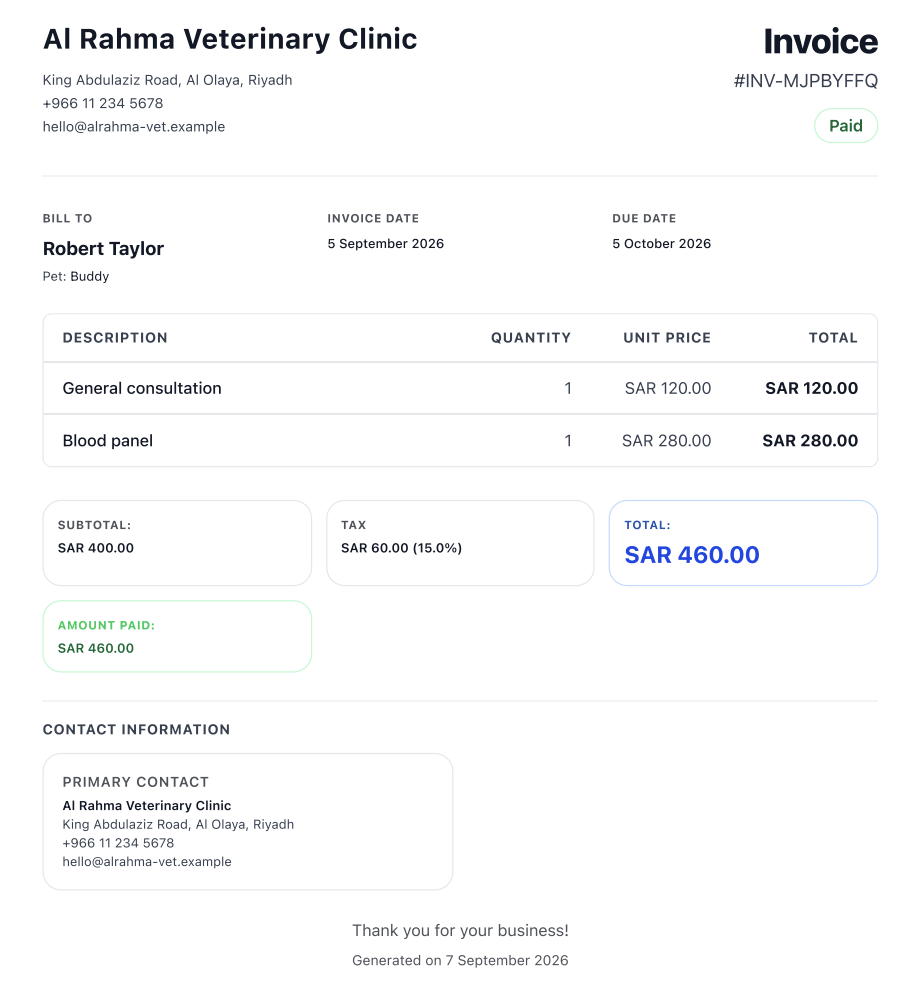 Invoice, ready to print or hand to the client